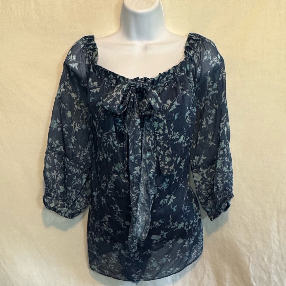 D-74 Colleen Lopez Blue‎ Floral 1/2 Sleeve Lined Pullover Blouse Size L
